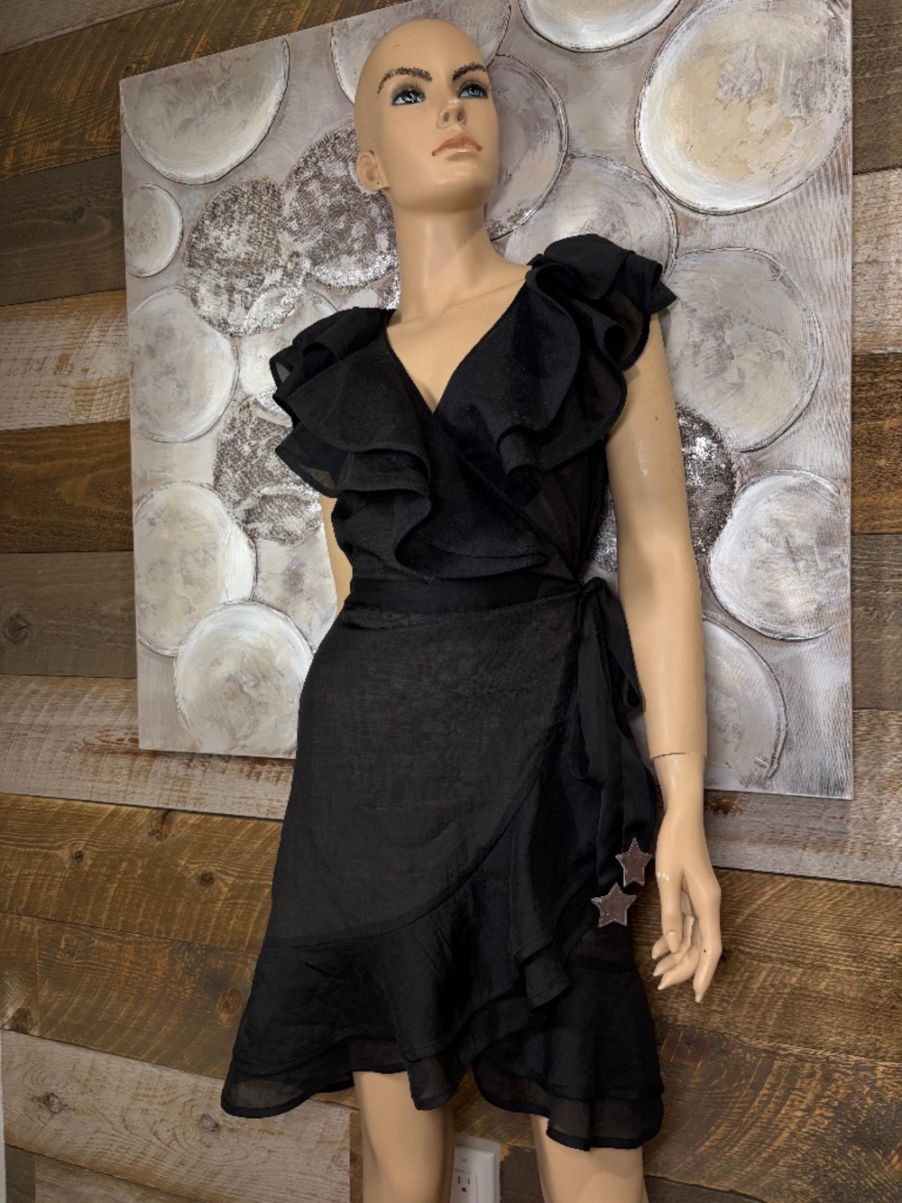 For Love & Lemons Black Sheer Ruffle Wrap Dress | Chiffon | Size L